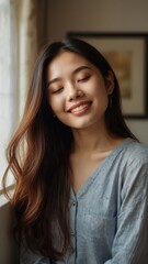 Canvas Print - Portrait of beautiful smiling asian woman with long hair and closed eyes, sunlight ray, beautiful hairstyle, different pose, blurred bedroom background