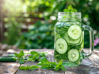 A cool and crisp cucumber and mint-infused water in a mason jar, with slices of cucumber and mint leaves floating inside, set on a wooden table with a garden backgroundHighly detailed photography