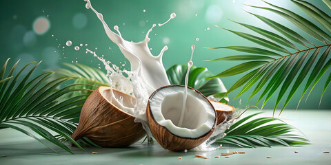 Creative background of cracked coconut with milk splash and palm leaves. Healthy food concept. Generative Ai.