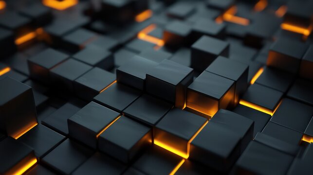 Abstract 3d background, glowing geometric shapes pattern texture on dark black background