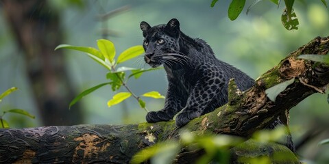 Wall Mural - Black Leopard or panther in the green jungle