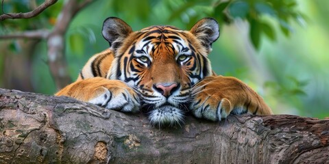 Wall Mural - Tiger on a tree in the green jungle of central India