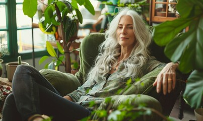 A beautiful older woman with silver hair sits in a green armchair in a room full of plants. AI.