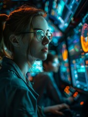 a young woman wearing glasses works at a computer terminal in a dimly lit room. ai.