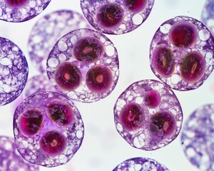 Close-up image of a group of biological cells. AI.