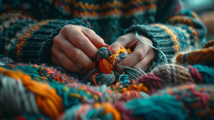 Close-up of a person's hands knitting a colorful scarf. AI.