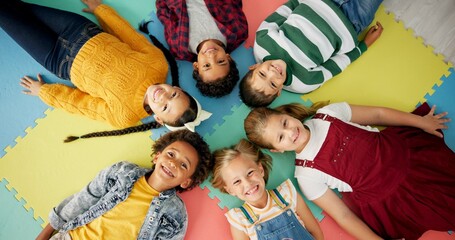 Sticker - Children, relax and circle on mat in school with funny faces top view for relax, fun and classroom. Group, kids and happy on floor for education, learning and knowledge with game for bonding