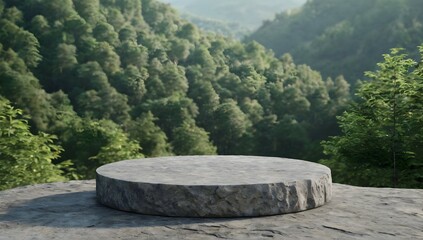 Photo flat small stone podium on rock platform 3d illustration gray rock pedestal for product display green forest and blue horizon on the background natural scenery landscape soft daily light