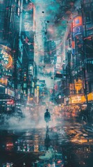 Wall Mural - Dystopian City Street Navigating Through Futuristic Toxic Atmosphere