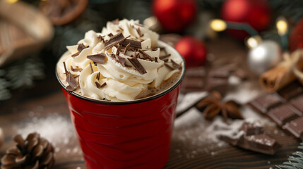 Wall Mural - Iced Mocha with Whipped Cream: A refreshing iced mocha topped with whipped cream and chocolate shavings, served in a festive red cup.