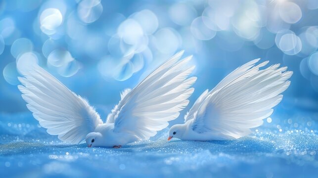 two white doves with spread wings against a blue backdrop a beam of light whitens the ground below, 