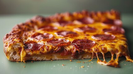 A mouth-watering slice of pepperoni pizza, with cheese stretching as it's pulled away, on a solid green background.