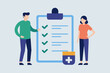 © ArtfuIInfusion769 - Two individuals standing next to a clipboard with a checklist on it, people write drug prescriptions from doctors, Simple and minimalist flat Illustration