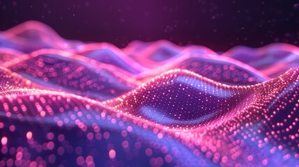 Poster -  A black background bears a computer-generated wave of pink and purple lights, crowned by a blurred wave of similar hues