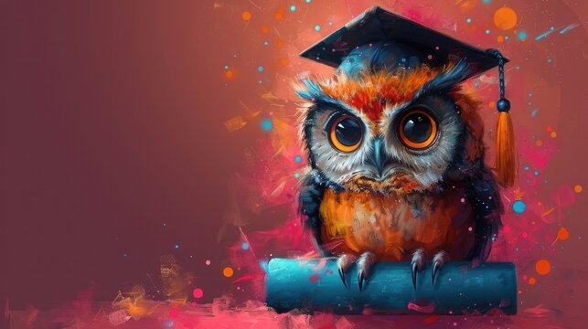 An owl in a graduation cap, holding a diploma, on a solid maroon background.