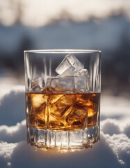 Wall Mural - a glass of whiskey with ice and bottle of whiskey in the snow, blurry background
