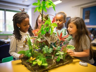 Wall Mural - Neon Learning A Group of Kids Learning About Biology with Neon-Highlighted Models of Plants and Animals