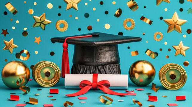 Celebration of Academic Achievement: Graduation Cap, Diploma, and Festive Gold Star Confetti on a Vibrant Blue Background