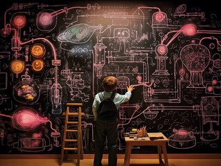 Wall Mural - Imagination Unleashed Kids Dressed as Inventors, Drawing Fantastical Machines on Neon Chalkboards