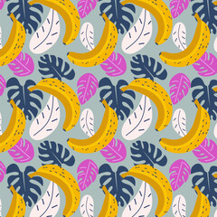Wall Mural - Tropical leaves and bananas seamless pattern. Bright abstract jungle monstera leaves and yellow pink fruits repeat on blue. Summer vector background design for print, decoration, fabric, card.