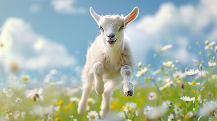 Wall Mural - Little funny baby goat jumping in the field with flowers. Farm animals . Generative Ai