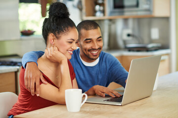 Poster - Coffee, laptop and love with couple in kitchen of home, reading information for online booking. Computer, hug or love with happy man and woman in apartment for planning, research or social media