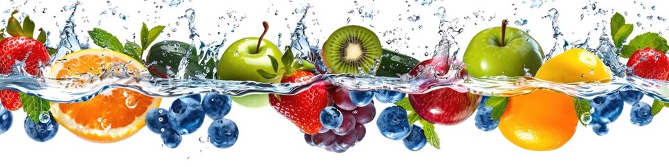 Wall Mural - Fruit Water. Fresh Fruits and Vegetables Falling into Clear Blue Water. Splash and Healthy Diet