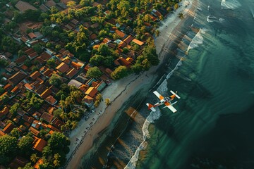 Beach with palm trees on the shore in the style of birds-eye-view. Turquoise and white plane view on beach. Beautiful simple AI generated image in 4K, unique.