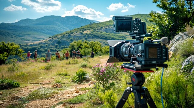 A professional outdoor video production setup, featuring high-end cameras and equipment capturing a scenic landscape