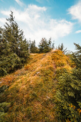 Wall Mural - Hiking in mountains rakytov peak  to Smrekovica. Tourist traveler. Hiking in Slovakia mountains landscape. Velka Fatra national park, Slovakia.