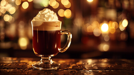 Wall Mural - Irish Coffee: A warm Irish coffee in a glass mug, with a layer of cream on top, set against a cozy pub background.