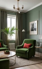 Wall Mural - Stylish professional photograph of a dark green and brass luxury living room interior with velvet furniture and tropical plants