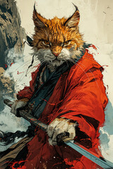 Poster - Illustration of a fierce cat in armor, ready for battle. The warrior feline stands tall with a determined expression, showcasing its bravery and strength.