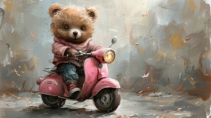 Poster - Girly bear doll rinding pink scooter, hand drawn modern illustration