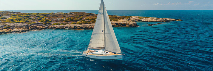 Wall Mural - A sailboat is sailing in the ocean with a beautiful blue sky in the background