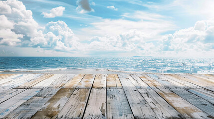 Ocean view complements a blank ash wood signboard on rustic pine wood beach flooring.