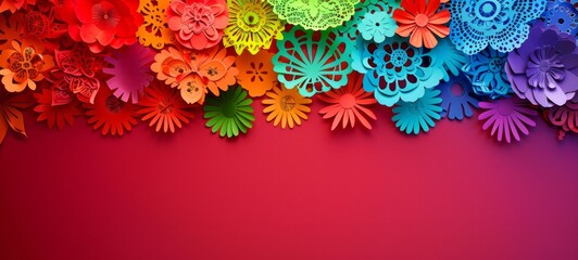 Colorful papel picado banners on a red wall. Vibrant paper cut flags. Concept of traditional decor, cultural celebration, festive design, Day of the Dead, Dia de los Muertos. Mexican party decoration