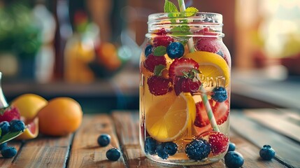 A refreshing summer homemade cocktail of detox fruit-infused water, captured in selective focus.