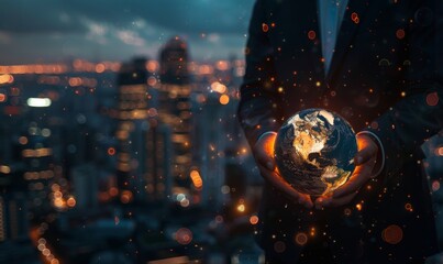 Wall Mural - Businessman holding glowing earth globe with cityscape background, symbolizing global business and connectivity Generative AI