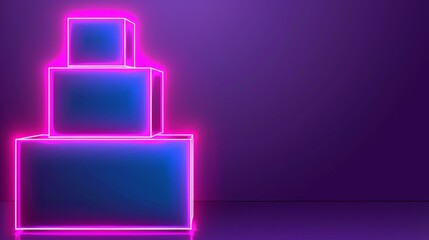 Wall Mural -  A neon pink and blue object, illuminated against a deep purple background Two black squares frame the bottom – one at the true bottom, the other inverted near the top