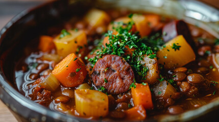 Wall Mural - Close-up image showcasing the vibrant flavors of a classic czech bean soup with fresh herb garnish in a bowl