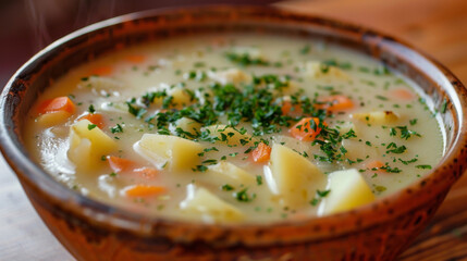 Wall Mural - Close-up of homemade czech potato soup garnished with fresh herbs in a brown ceramic bowl on a wooden background
