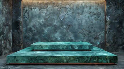 Wall Mural -  A set of green marble steps faces a textured stone wall On one side, a mirror is mounted; on the other, a light is placed