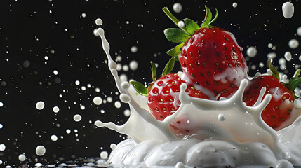 Wall Mural - Strawberry in milk splash on isolated black background