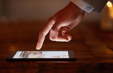 Poster - Hand, tablet and business person with click, reading and check notification in night with overtime in office. Employee, digital touchscreen and scroll for research, creativity and ux at media agency