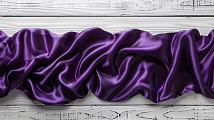Wall Mural -  A tight shot of a purple fabric against a pristine white wooden backdrop Background consists of a wood-grain textured wall, while the foreground displays a wood-grain