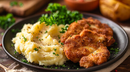 Wall Mural - Czech-style breaded pork cutlets with creamy mashed potatoes, garnished with fresh parsley on a rustic wooden table