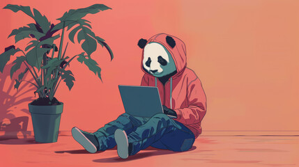 Panda Developer in Hoodie and Jeans Working on Laptop
