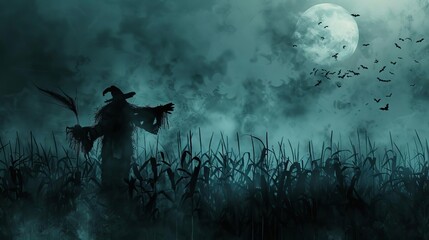 Wall Mural - eerie scarecrow silhouette in moonlit cornfield spooky halloween horror scene misty atmospheric night digital art