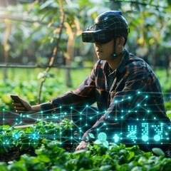 Wall Mural - smart farm ,agriculture concept, farmer use data augmented mixed virtual reality